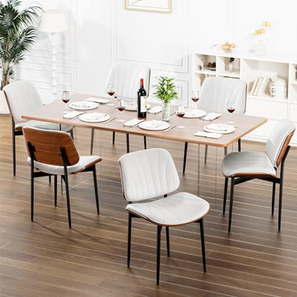YaFiti Mid Century Dining Chairs Set of 2 with Walnut Bentwood, White | Ergonomic Walnut Backrest, Upholstered Waterproof PU Leather Seat, Stable Metal Legs, Adjustable Footpads, Apartment Friendly - color: White Scallop