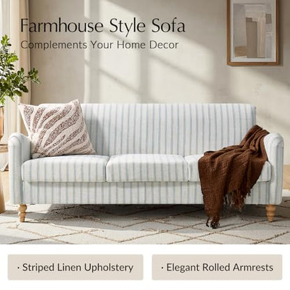 HULALA HOME Farmhouse Curved Couch with Stripe Pattern, 3 Seater Sofa, Blue | with Solid Wood Spindle Legs and Rolled Wide Armrests, Comfy Upholstered Sofa for Living Room Bedroom - color: Blue, size: 3-Seater Sofa