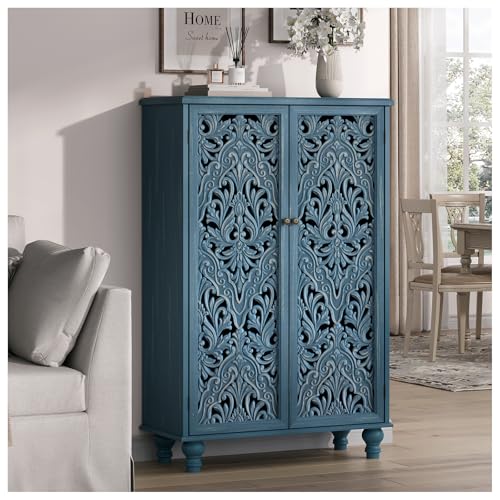 Jiansu furni Buffet Sideboard Cabinet with Hand-Carved Doors, 47" Tall Accent Cabinet for Dining Room, Vintage Wood Storage Cabinet with Shelves, Slim Floor Cupboard for Kitchen & Entryway,Blue - color: Blue_2 Doors Tall