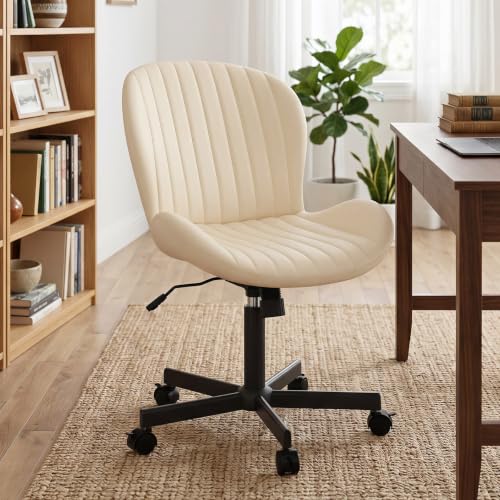 Armless Office Chair, PU Leather Office Chair with Wheels & Adjustable Height, Swivel Rocking Computer Chair, Ergonomic Soft Padded Office Chairs for Small Space, Study and Vanity, Beige - color: Beige