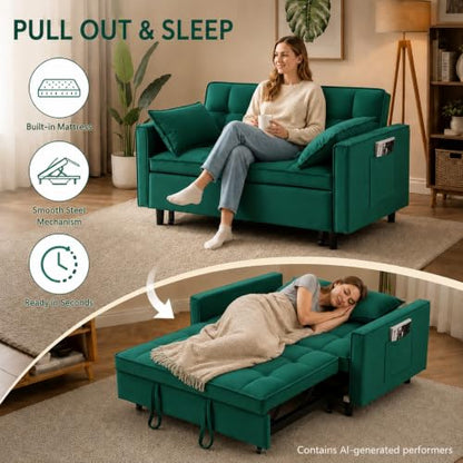3 In 1 Velvet Convertible Sofa Bed, Pull Out Couch Bed with Reclining Backrest And 2 Pillows, 54" Full Size Loveseat Sleeper Sofa Futon Couch Bed, Couches For Small Spaces, Living Room (Green) - color: Green