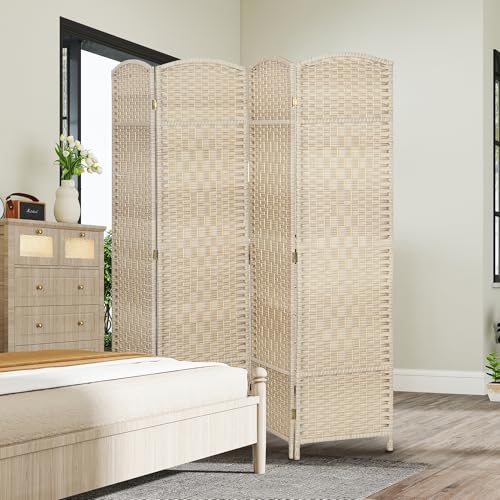 HOMCOM 4 Panel Room Divider 6 Ft Privacy Screen Hand-Woven Washed Oak | Folding PP Wall Partition, Pine Wood Frame, Freestanding Room Separator, Bedroom Home Office, No Assembly - color: Washed Oak, size: 4 Panel