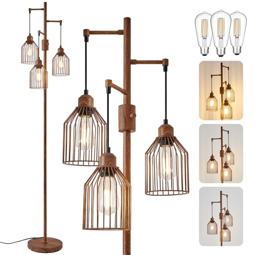 Dimmable Industrial Floor Lamp with 3 Cage Heads, Wood Grain Tree Standing Lamp with Stepless Dimming, Modern Farmhouse Tall Pole Light for Living Room, Bedroom, Office, E26 Base (Bulbs Included) - color: Wood