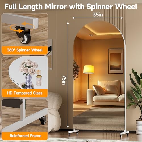Hasipu 75" x 36" Arched Full Length Mirror on Wheels | HD tempered glass, sturdy aluminum frame, 4 smooth casters with locks, ideal for yoga, dance studio, bedroom & home gym. - size: 75"L x 36"W