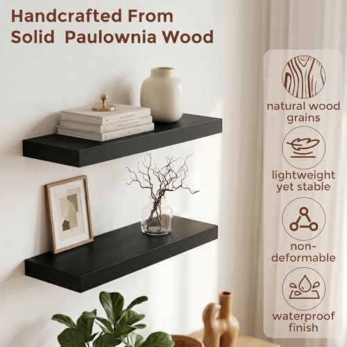 fuqing 20 Inch Floating Shelves, 6.7 Inch Deep Black Wall Shelves Set of 2 | 20'' x 6.7'' x 1.4'' Black Wood Shelves for Bathroom, Living Room, 35LBS, Lightweight, Hardware Included, Waterproof Finish - color: Black, size: 20 Inch