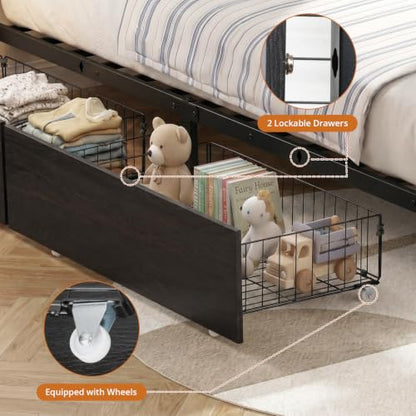 VOWNER Full Corner Bed Frame with Storage and RGB LED Lights, Grey | Upholstered Full Bed Frame with 2 Drawers and Charging Station for Kids Teens, Metal Platform Daybed for Bedroom & Guest Room