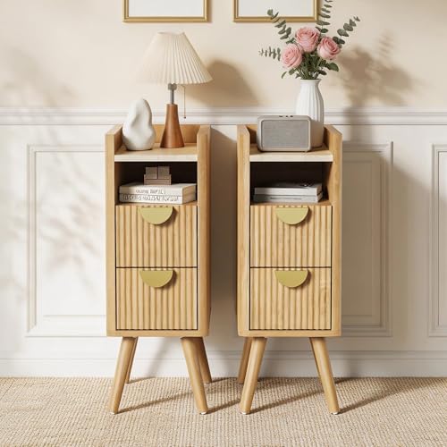 26.4"H Narrow Nightstand Set of 2, 9.8"W Slim Side Table with 2 Fluted Drawers and Open Shelf, Tall Skinny Bedside Table with Curved Corner & Solid Wood Legs for Small Spaces, Bedroom, Natural - color: Natural, size: 2 Pack