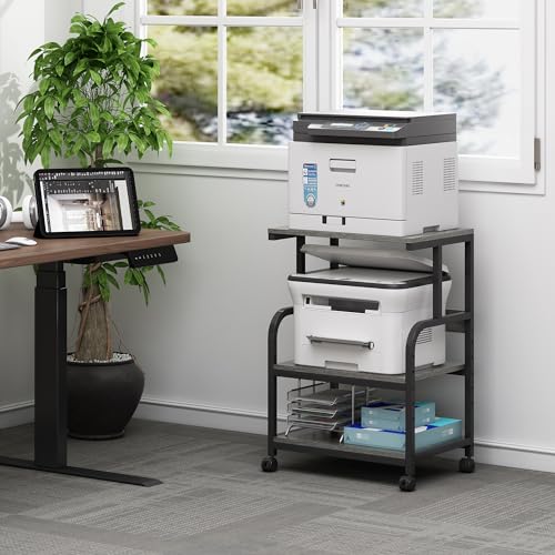 Fannova 3 Tier Gray Printer Stand with Height Adjustable Storage Shelf | 21.7"x15.7"x31.6" Printer Table for Home Office Small Spaces Organization, Rolling Printer Cart with Wheels - color: Grey