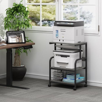 Fannova 3 Tier Gray Printer Stand with Height Adjustable Storage Shelf | 21.7"x15.7"x31.6" Printer Table for Home Office Small Spaces Organization, Rolling Printer Cart with Wheels - color: Grey