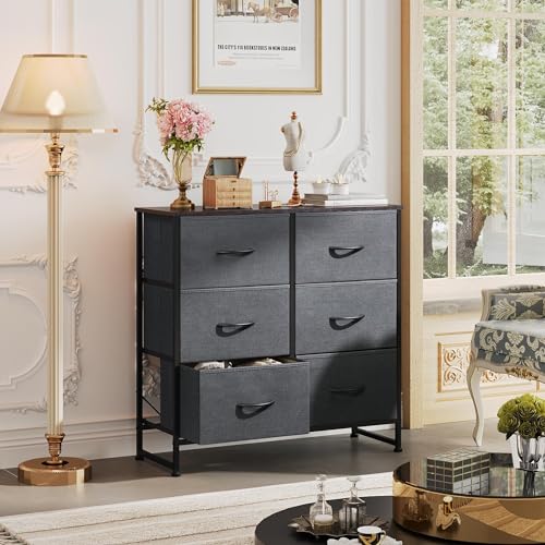 WLIVE Dresser for Bedroom with 6 Drawers, Dark Grey | Closet Dresser, Metal Frame, Wooden Top, Fabric Dresser for Closet, Living Room, Hallway - color: A-dark Grey