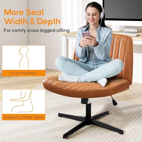 DUMOS Criss Cross Chair No Wheel Legged Office Wide Comfy Desk Vanity Chair, Armless Computer Task Seating PU Leather, Swivel Home Height Adjustable for Bedroom, Study, Brown No Wheel - color: Brown No Wheel