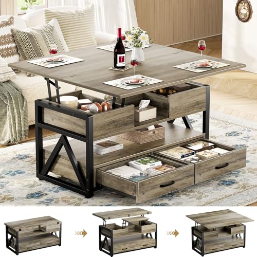40" Lift Top Coffee Table with Storage,Grey | 4 in 1 Multi-Function Lifting top Coffee Tables with Storage Drawers and Hidden Compartmen,for Living Room - color: Grey