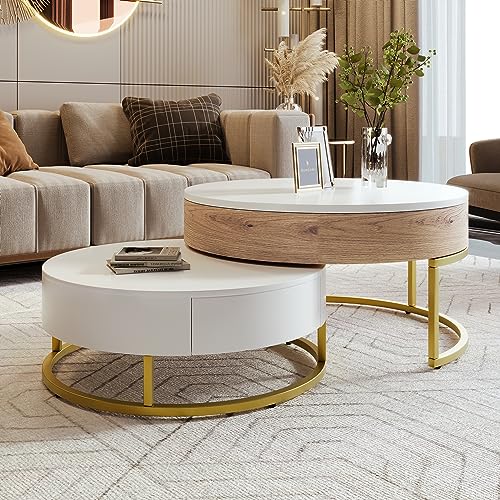 Modern Round Lift-top Nesting Coffee Tables with 2 Drawers for Living Room White & Natural - color: Oak Natural Wood + Antique White