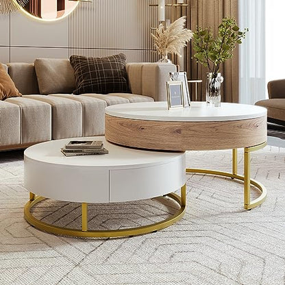 Modern Round Lift-top Nesting Coffee Tables with 2 Drawers for Living Room White & Natural - color: Oak Natural Wood + Antique White