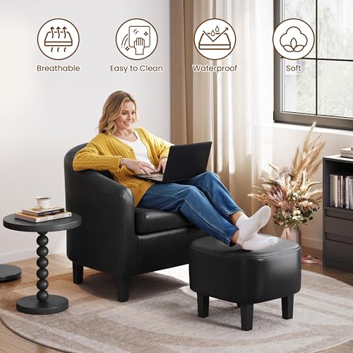 Yaheetech Accent Chairs with Ottoman, Faux Leather Set of 2, Black | Water-resistant Faux Leather Chairs with High-density Foam and Solid Wood Legs for Living Room, Waiting Room, Small Space - color: Black(faux Leather), style: with Ottoman