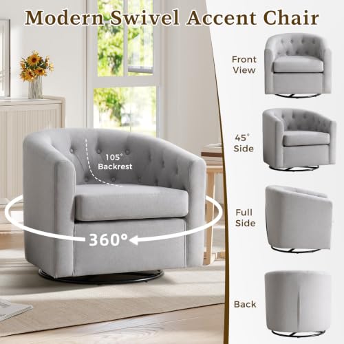 ANJ Swivel Accent Chair, 360 Degree Round Swivel Barrel Chairs with Padded Armrests & Comfy Backrest, Modern Linen Fabric Armchair for Living Room, Bedroom, Office, Light Grey - color: Light Grey