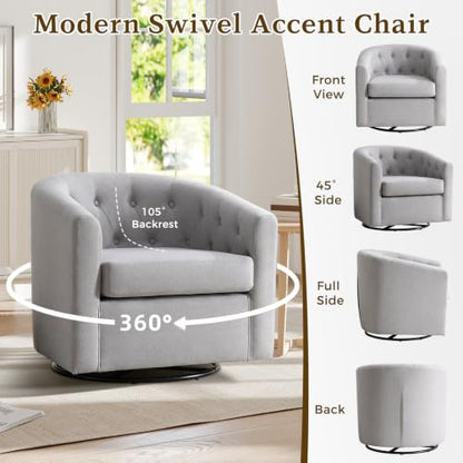 ANJ Swivel Accent Chair, 360 Degree Round Swivel Barrel Chairs with Padded Armrests & Comfy Backrest, Modern Linen Fabric Armchair for Living Room, Bedroom, Office, Light Grey - color: Light Grey