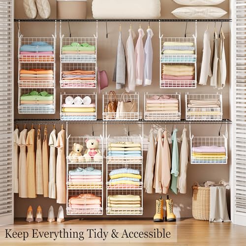 X-cosrack 3 Tier Foldable Closet Organizer, Clothes Shelves with 5 S Hooks, Wall Mount&Cabinet Wire Storage Basket Bins, for Clothing Sweaters Shoes Handbags Clutches Accessories-White Patent Design - color: White, size: 3-Tier