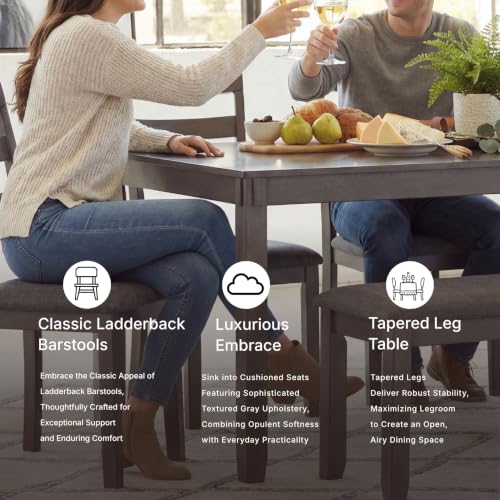 Signature Design by Ashley 6-Piece Dining Table Set with Bench, Gray | Plush gray polyester seats, Wood, veneer and engineered wood build, Space-saving tuck-under bench, Bridson Series - color: Grey