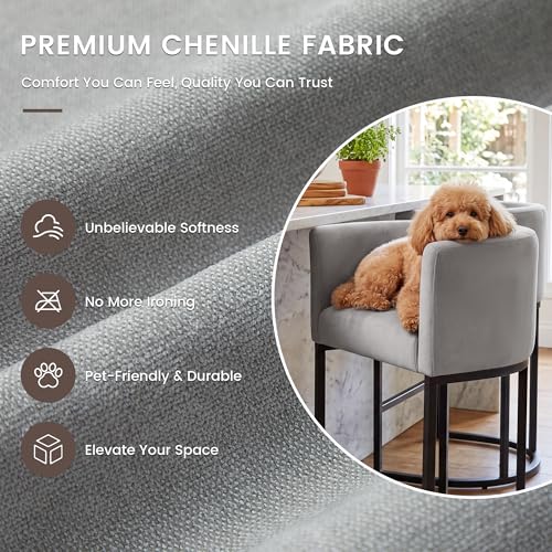 GRUSIGN Chenille 카운터 높이 바 스툴 2개 세트, 66cm(26인치) 주방 아일랜드 스툴, 팔 및 발판 포함, 주방, 다이닝룸, 바 및 라운지 공간용 덮개를 씌운 배럴 백 바 의자, 그레이 - color: 회색., size: 2개 세트