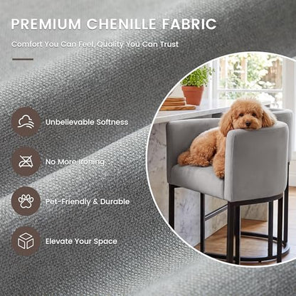 GRUSIGN Chenille 카운터 높이 바 스툴 2개 세트, 66cm(26인치) 주방 아일랜드 스툴, 팔 및 발판 포함, 주방, 다이닝룸, 바 및 라운지 공간용 덮개를 씌운 배럴 백 바 의자, 그레이 - color: 회색., size: 2개 세트