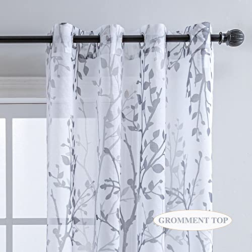 Luvyohmee White Gery Curtains 72 Inch Length 2 Panels Set, Semi Sheer Window Curtain Drapes for Living Room/Bedroom, Gery Nature Tree Branches Patterned Linen Textured Curtains, Grommet Top W52XL72 - color: Grey, size: 52"W x 72"L (Pack of 2)
