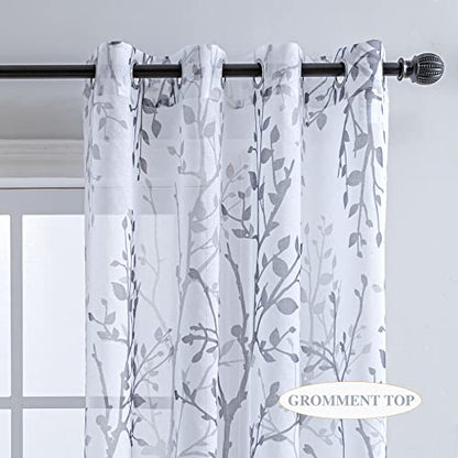 Luvyohmee White Gery Curtains 72 Inch Length 2 Panels Set, Semi Sheer Window Curtain Drapes for Living Room/Bedroom, Gery Nature Tree Branches Patterned Linen Textured Curtains, Grommet Top W52XL72 - color: Grey, size: 52"W x 72"L (Pack of 2)