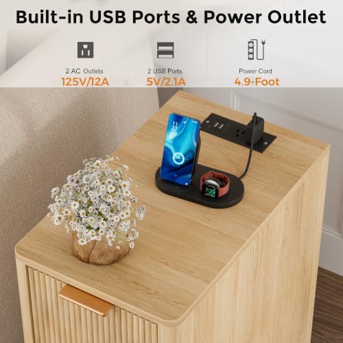 Homleke Narrow End Table with Fluted Drawer & Charging Station | Compact Nightstand with USB Ports & Outlets, Bedside Table for Bedroom, Living Room, Modern Accent Table, Natural - color: Natural