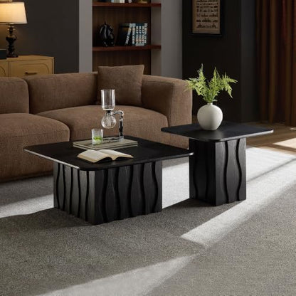 Nesting Coffee Table Set of 2 with Wavy Fluted Base, Black | 31.5" & 21.65", 2PCS Center Tables, Square Tea Table, Easy to Assemble, Mid-Century Modern, for Living Room Office - color: 31.5" & 21.65" - Black