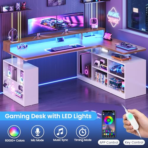 SEDETA L Shaped Electric Standing Desk, 63 inch Gaming Computer Desk with Storage Shelves and LED Lights, Height Adjustable Office Desk with Power Outlet and Pegboard, Brown Desktop - color: Brown