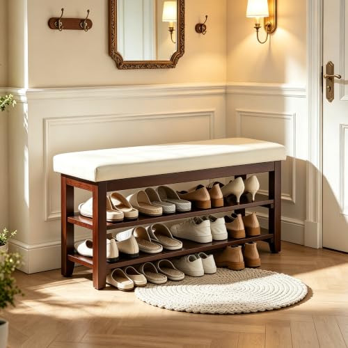 40" Entryway Bench, Shoe Storage Bench, White | Leather Cushion, Shoe Rack, End of Bed Bench for Front Door Entrance, Mudroom - color: White
