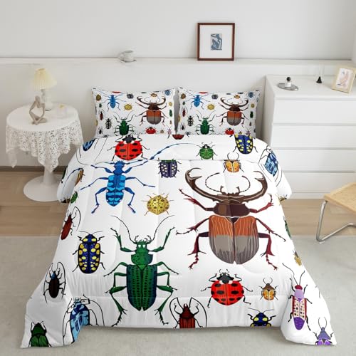 Feelyou Kids Bug Comforter Full Boys Flying Bugs Pattern Comforter Set for Girls Children Colorful Beetle Collection Decor Bedding Set Soft Lightweight Nature Animal Bed Set 1 Comforter 2 Pillow Case - color: Multi 026, size: Full