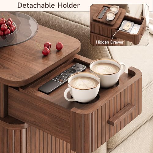Side End Table with Charging Station, Slim Nightstand with Drawer, Mid-Century Wood Skinny Bedside Table with Storage, Narrow Side Tables for Small Space Living Room Bedroom Office Sofa Couch Walnut - color: Walnut