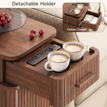Side End Table with Charging Station, Slim Nightstand with Drawer, Mid-Century Wood Skinny Bedside Table with Storage, Narrow Side Tables for Small Space Living Room Bedroom Office Sofa Couch Walnut - color: Walnut