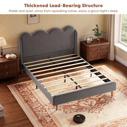 Garvee Twin Bed Frame for Kids, Upholstered Scalloped Wave Tall Headboard, Chenille Wingback Design, Wood Slat Support, No Box Spring Needed, Easy Assembly, Gray | Upholstered Scalloped Wave Tall Headboard, Wood Slat Support, No Box Spring Needed, Easy As