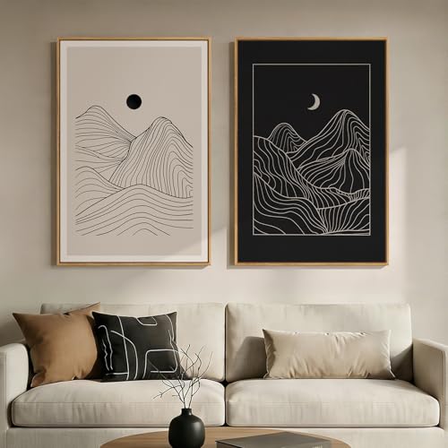 Large Framed Black and Beige Neutral Abstract Wall Art for Living Room, Set of 2 Modern Canvas Prints Paintings Artwork for Walls, Mountain and Moon Pictures for Bedroom Hallway Wall Decor 24x36 In - color: Black Beige Mountain, size: 24" W x 36" H x 2Pcs