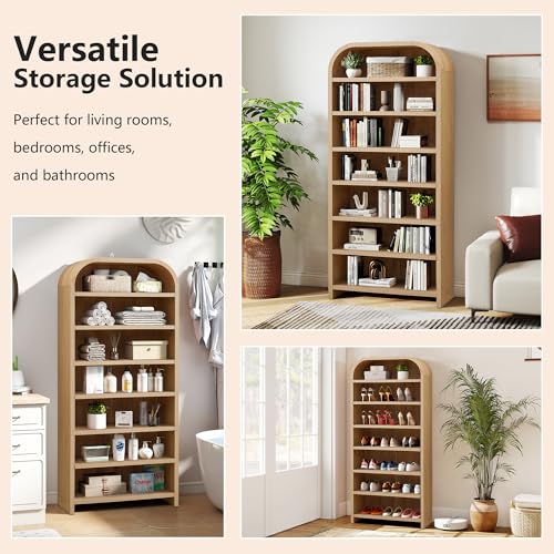 LEVNARY 70" Tall Arched Bookcase, 7-Tier Freestanding Storage Cabinet with Adjustable Shelves, Thick MDF Bookshelf for Bathroom Living Room Bedroom (Natural) - color: Natural