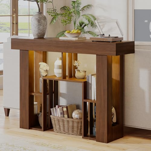 43.3" Console Table with Charging Station & USB-C Port, Behind Couch Sofa Table with LED Lights Narrow Entryway Table for Entrance Living Room Hallway Foyer, Walnut - color: Walnut