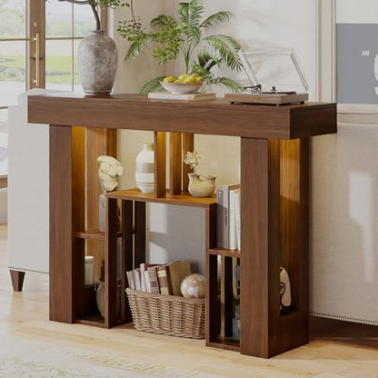 43.3" Narrow Console Table with Outlets and USB Ports, Geometric LED Lighted Entryway Table, Modern 3-Tier Sofa Table Behind Couch with RGB Lights for Living Room, Walnut - color: Console Table-walnut