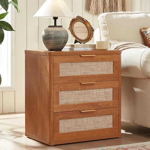 LEYAOYAO Rattan 23" Nightstands with Drawers for Bedroom | Gold Metal Handle, Storage Shelf, Brown Night Stand, Boho Bedside Table, Bed Side End Tables Living Room, Hallway - color: Tea Brown, size: 3 Drawers