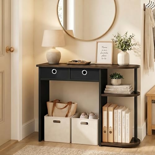 Furinno Jaya 32-Inch Rustic Brown Entryway Table with 2 Fabric Drawers, Console Table with Open Shelves, Behind Sofa Couch Tables, for Living Room, Entryway, Hallway, Columbia Walnut - color: Columbia Walnut/Black/Dark Brown