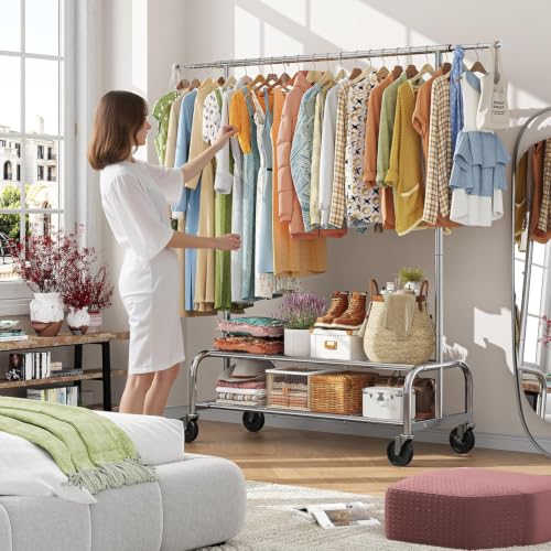 Simple Trending Heavy Duty Clothes Rack, Garment Rack with Extendable Side Rods & Bottom Shelves, 25mm Metal Clothing Rack with Wheels, Bedroom, Laundry Room, Silver - size: 18"D x 60.5"W x 67.25"H