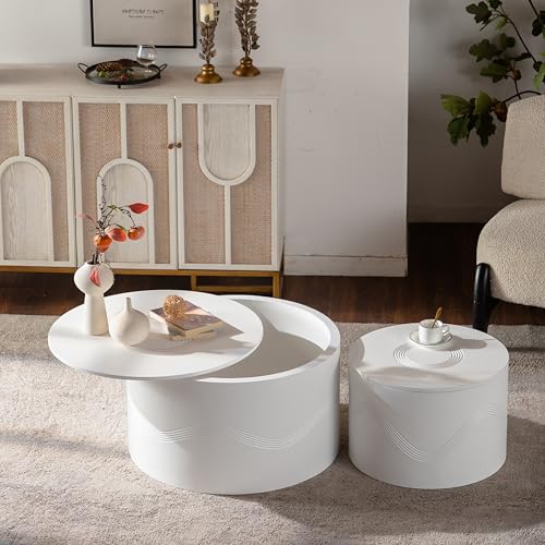 46.46'' White Round Coffee Table Set of 2 with Storage Space, Modern Circle Fluted Drum Nesting Coffee Table for Living Room, No Assembly, White - color: M2-46.46in-white