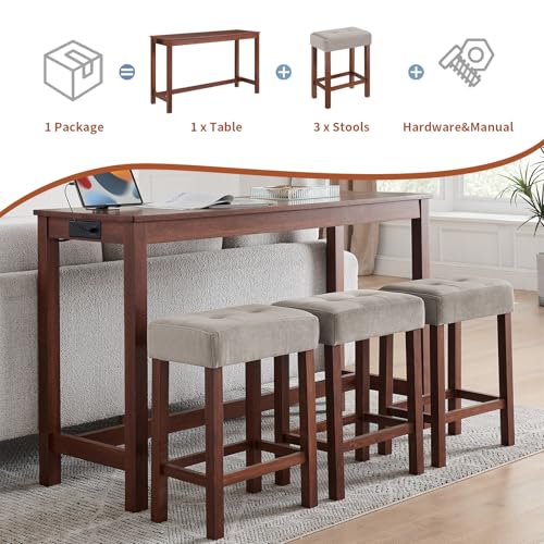 59" Dining Bar Table Set with Power Outlet, Behind Couch Sofa Table with 3 Padded Stools, 4 Piece Bar Table and Chairs Set for Living Room, Dining Room, Cherry - color: R3-cherry