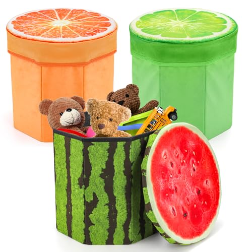 Covzoe 3 Pack Fruit Storage Stool, 12 x 12 Inch Folding Stool Ottoman | Collapsible Storage Seat Chest with Foam Cushion, Creative Organizer Stools Box for Patio Foot Rest