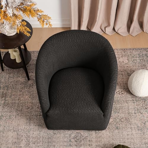 KINWELL 32" Wide Modern Boucle Swivel Barrel Chair, No Assembly Round Upholstered Swivel Accent Armchair for Living Room, Bedroom, Office (Black) - color: Black, style: Set of 1