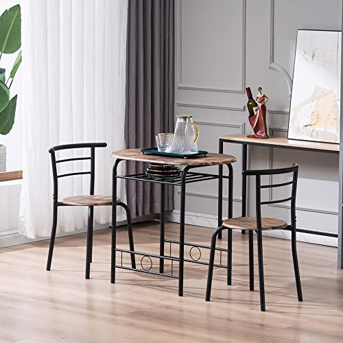 VINGLI 3 Piece Dining Set, Small Kitchen Table Set for 2, Breakfast Table Set, Kitchen Wooden Table with 2 Chairs for Small Space/Dining Room/Apartment, Metal Frame, Wine Rack, Burnt Brown - color: Burnt Brown