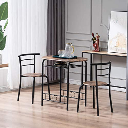 VINGLI 3 Piece Dining Set, Small Kitchen Table Set for 2, Breakfast Table Set, Kitchen Wooden Table with 2 Chairs for Small Space/Dining Room/Apartment, Metal Frame, Wine Rack, Burnt Brown - color: Burnt Brown