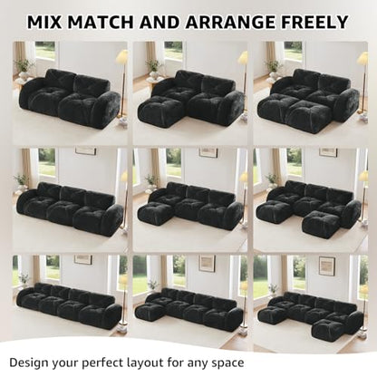 Black Loveseat Sectional Couches for Living Room, Velvet Fabric Boneless Couch, No Assembly Cloud Modular Sectional Sofa Love Seat with 2 Ottoman, Foam Couch Compressed Sofa Set, Sofas para Sala - color: Black, size: 2 Seater + 2 Ottoman