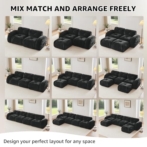 Black Loveseat Sectional Couches for Living Room, Velvet Fabric Boneless Couch, No Assembly Cloud Modular Sectional Sofa Love Seat with 1 Ottoman, Foam Couch Compressed Sofa Set, Sofas para Sala - color: Black, size: 2 Seater + 1 Ottoman